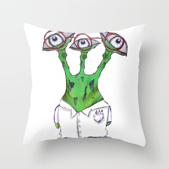 Three Eyed Green Alien Scientist With Red Glasses Throw Pillow