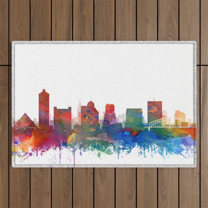 Memphis Skyline Watercolor by Zouzounio Art Outdoor Rug