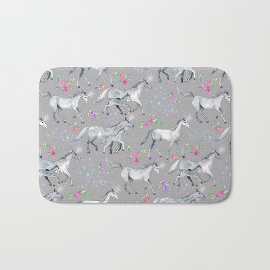 Unicorns and Stars on Soft Grey Bath Mat