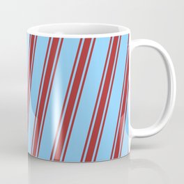 [ Thumbnail: Light Sky Blue & Brown Colored Striped/Lined Pattern Coffee Mug ]