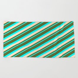 [ Thumbnail: Dark Olive Green, Cyan & Bisque Colored Lined Pattern Beach Towel ]