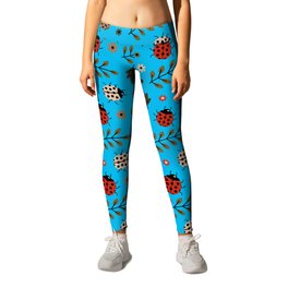 Ladybug and Floral Seamless Pattern on Turquoise Background Leggings