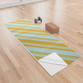 [ Thumbnail: Powder Blue and Goldenrod Colored Lined/Striped Pattern Yoga Towel ]