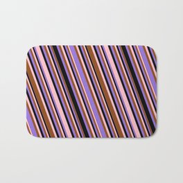 [ Thumbnail: Pink, Brown, Purple & Black Colored Lined Pattern Bath Mat ]
