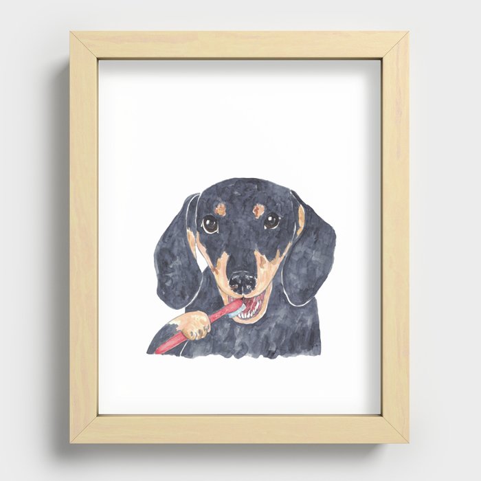 Dog dachshund badger brushing teeth bath watercolor Recessed Framed Print