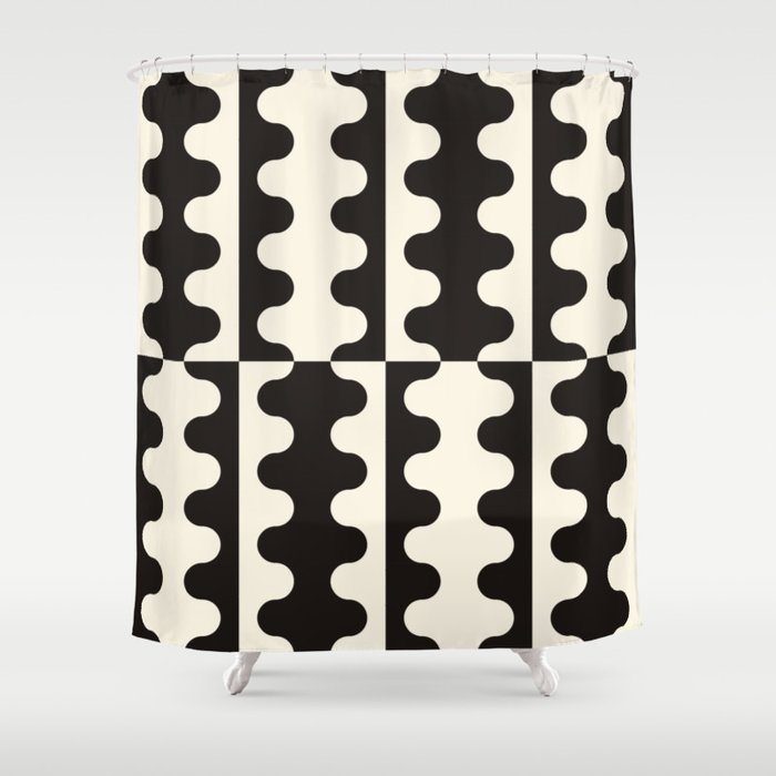 Abstract Mid-Century Black & White Wavy Pattern Shower Curtain