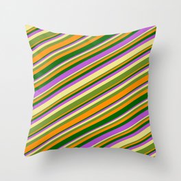 [ Thumbnail: Tan, Green, Dark Orange, Dark Green & Orchid Colored Lines Pattern Throw Pillow ]