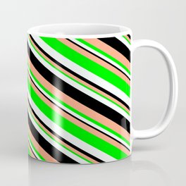 [ Thumbnail: Light Salmon, Lime, Mint Cream & Black Colored Striped/Lined Pattern Coffee Mug ]