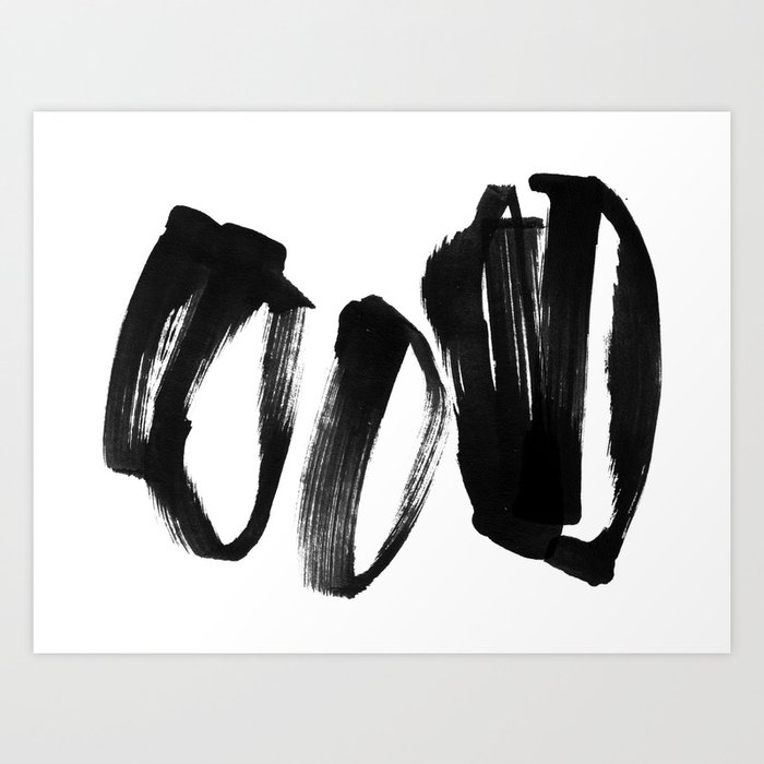 Black and White Abstract Shapes Ink Painting - Horizontal Art Print