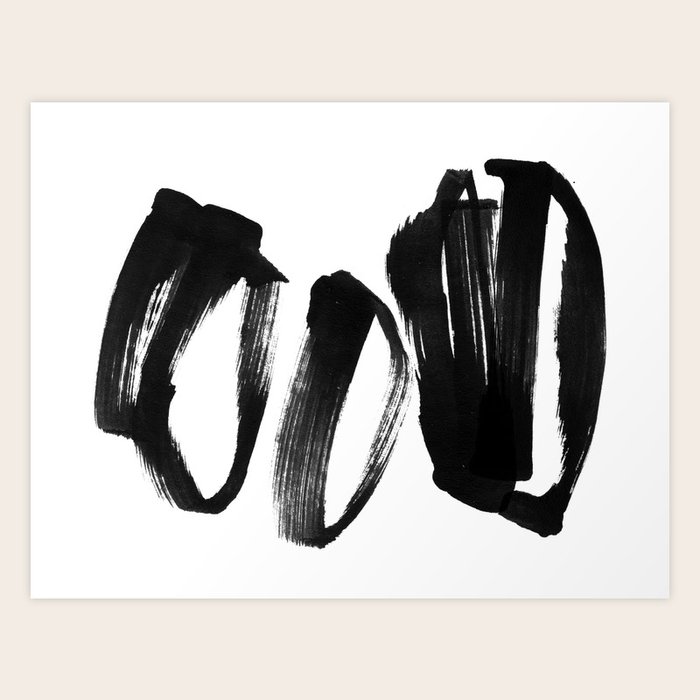 Black and White Abstract Shapes Ink Painting Horizontal Art Print by