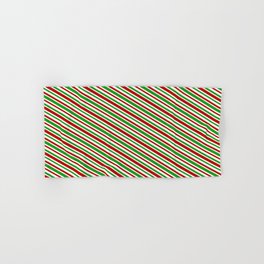 [ Thumbnail: Christmas-Inspired Green, White, and Red Colored Stripes Pattern Hand & Bath Towel ]