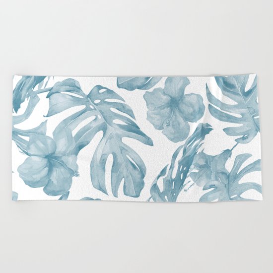 Gorgeous Blue Tropical Leaves + Flowers Beach Towel