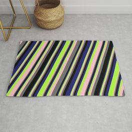 [ Thumbnail: Eye-catching Midnight Blue, Light Green, Pink, Dim Grey, and Black Colored Striped Pattern Rug ]