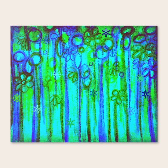 WINTER GARDEN -Bright Blue Green Neon Snowflake Floral Abstract Watercolor Painting and Digital Art Canvas Print