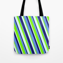 [ Thumbnail: Cornflower Blue, Chartreuse, Light Cyan, and Midnight Blue Colored Lined Pattern Tote Bag ]