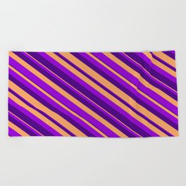 [ Thumbnail: Dark Violet, Indigo & Brown Colored Striped Pattern Beach Towel ]