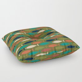 Mid-century Modern Fish in a Green Sea Pattern  Floor Pillow