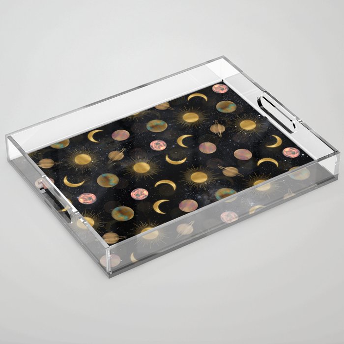 Gold Sun Moon Planets Space illustration Acrylic Tray