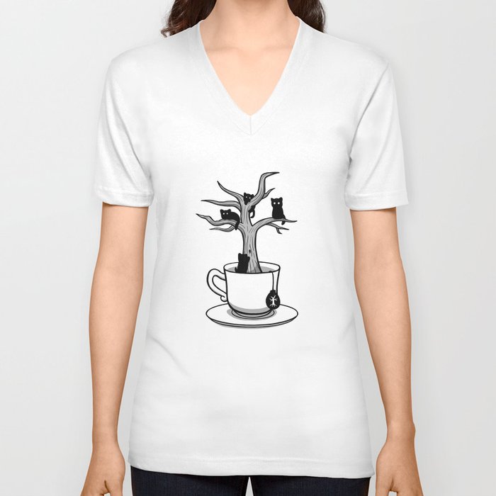 Bare tree with cats growing inside a cup of tea V Neck T Shirt