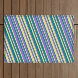 [ Thumbnail: Teal, Purple, and Tan Colored Lines Pattern Outdoor Rug ]