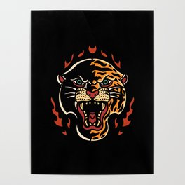 Panther and tiger half faced tattoo cartoon flames Poster
