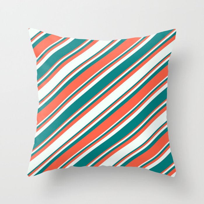 Red, Mint Cream & Teal Colored Lines Pattern Throw Pillow