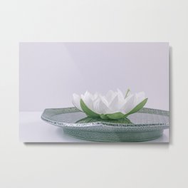 white lotus flower in a green bowl; wisteria white background Metal Print