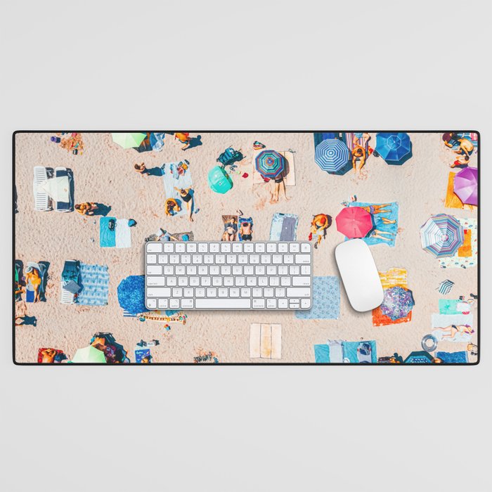 Aerial Beach Print, Colorful People Umbrellas On Beach, Minimalist Print, Pastel Beach, People Beach Aerial Print, Sea Beach Desk Mat