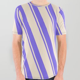 [ Thumbnail: Beige and Medium Slate Blue Colored Striped Pattern All Over Graphic Tee ]