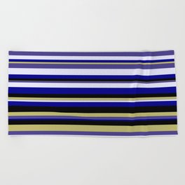 [ Thumbnail: Eyecatching Dark Khaki, Dark Slate Blue, Lavender, Dark Blue, and Black Colored Lines Pattern Beach Towel ]
