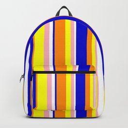 [ Thumbnail: Eye-catching Dark Orange, Blue, White, Light Pink, and Yellow Colored Stripes Pattern Backpack ]