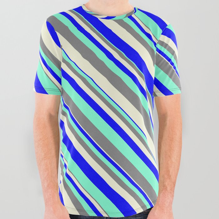 Aquamarine, Grey, Beige & Blue Colored Pattern of Stripes All Over Graphic Tee