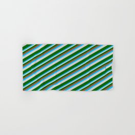 [ Thumbnail: Sienna, Deep Sky Blue, Light Gray & Dark Green Colored Lined/Striped Pattern Hand & Bath Towel ]