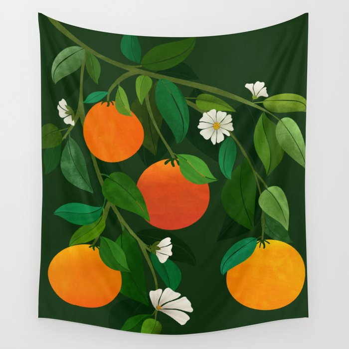 Oranges and Blossoms Botanical Illustration Wall Tapestry