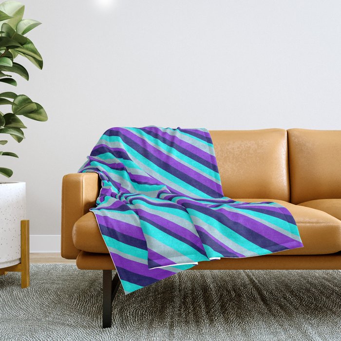 Midnight Blue, Aqua, Light Blue, and Purple Colored Lined/Striped Pattern Throw Blanket