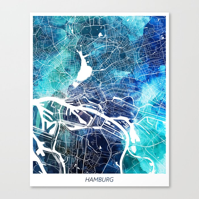 Hamburg Street Map Navy Blue Turquoise Watercolor Germany Europe Map Canvas Print