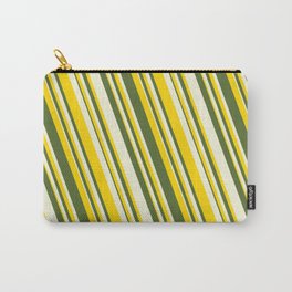 [ Thumbnail: Yellow, Dark Olive Green & Beige Colored Striped Pattern Carry-All Pouch ]