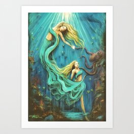 The Mermaid’s Gift / Ocean Sisters Sea Siren Nymph Underwater Octopus Coral Fish Friends Sisters  Art Print