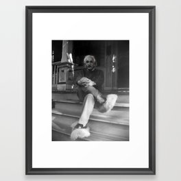 Funny Einstein in Fuzzy Slippers Classic Black and White Satirical Photography - Photographs Framed Art Print