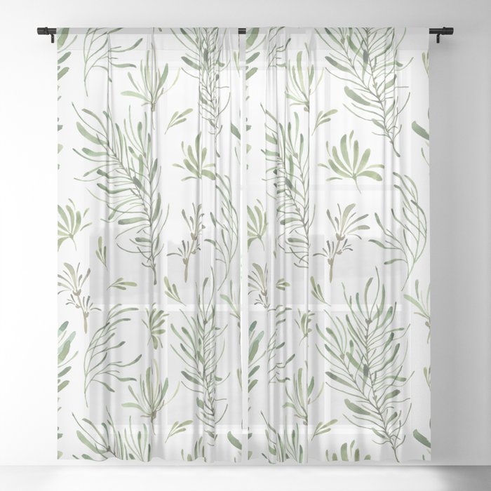 Hand Painted Forest Green White Watercolor Leaves Floral Sheer