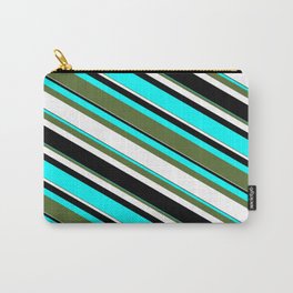[ Thumbnail: Cyan, Dark Olive Green, White, and Black Colored Lined/Striped Pattern Carry-All Pouch ]