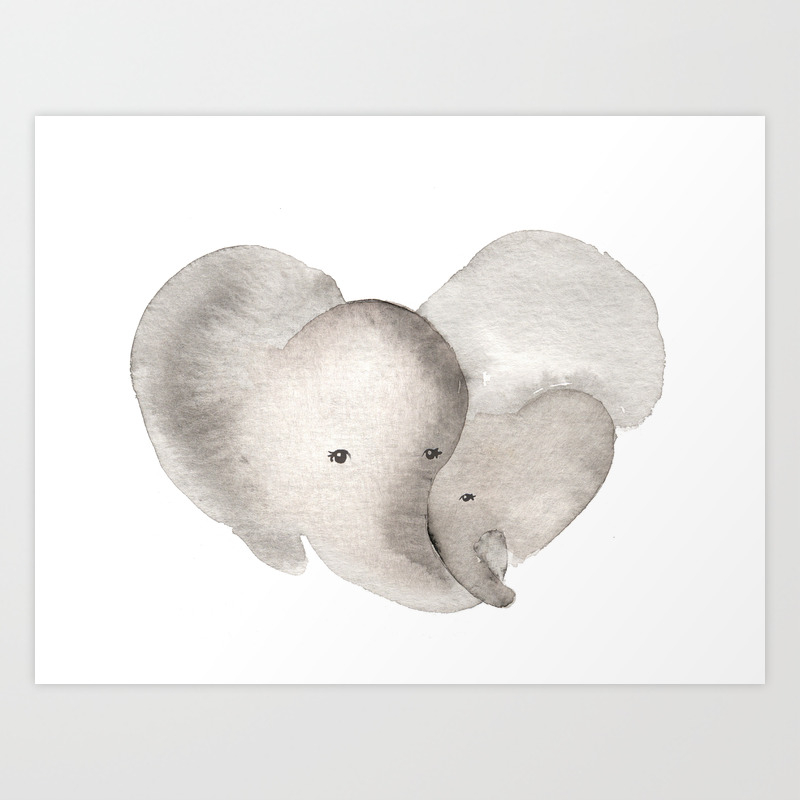 Sweets Baby Elephant with Mama Art B&w Canvas Picture Wall Deco Print