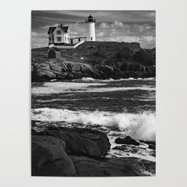 Nubble Light And Crashing Waves - Black and White Poster