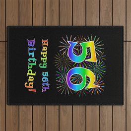 [ Thumbnail: 56th Birthday - Fun Rainbow Spectrum Gradient Pattern Text, Bursting Fireworks Inspired Background Outdoor Rug ]