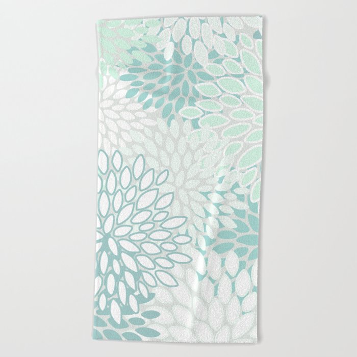 Floral Blooms, Soft Teal and Mint Beach Towel