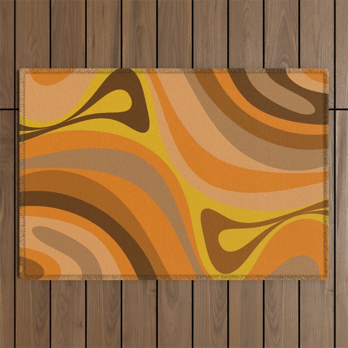 New Groove Retro Swirls Abstract Pattern Brown Orange Mustard Outdoor Rug