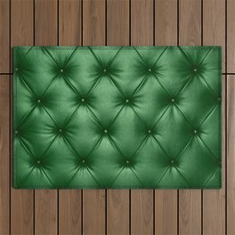 Close up background texture of dark green capitone genuine leather, retro Chesterfield style soft tufted furniture upholstery with deep diamond pattern and buttons Outdoor Rug