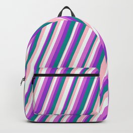 [ Thumbnail: Eye-catching Pink, Mint Cream, Orchid, Dark Orchid & Dark Cyan Colored Stripes Pattern Backpack ]