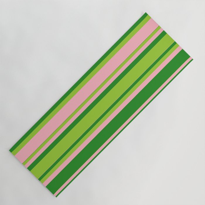 Forest Green, Green, and Light Pink Colored Lined Pattern Yoga Mat