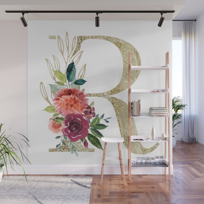 Letter R Monogram Gold and Watercolor Flowers Wall Mural